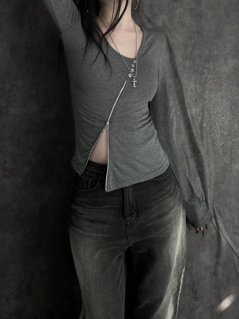 diagonal zipper button T (2color)