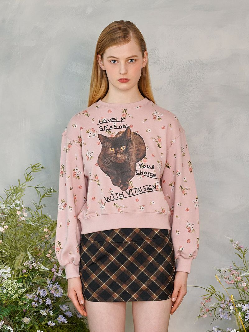 Flower Cat Lettering Sweatshirt (Pink)