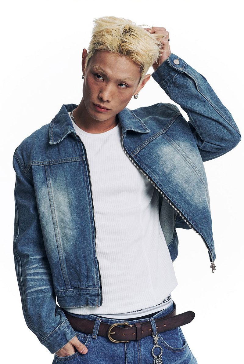 Washed Crop Track Denim Jacket - Deep Blue