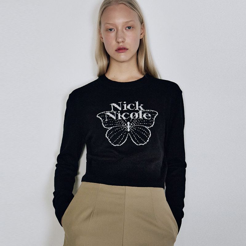 CASHMERE BUTTERFLY SIGNATURE CROP KNIT_BLACK