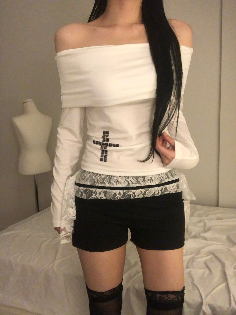 Crystal Stud Cross Off-Shoulder T