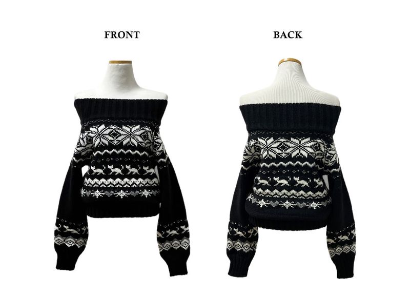 Snowfield Nordic Pattern Off-Shoulder Knit Top (Black)