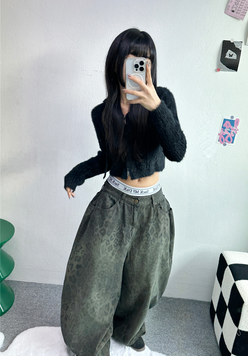 HIDDEN POCKET LEOPARD SPOT BALLOON DENIM🤎💚 - 2 COLORS