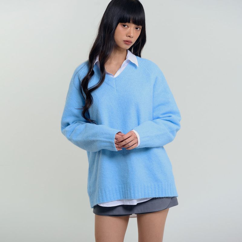 Soft Brushed V-Neck Knit Sky Blue