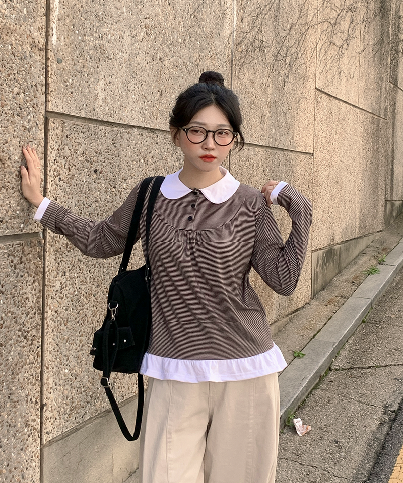 meltingyun（メルティングユン）の「Round collar striped frill T-shirt（Tops）」