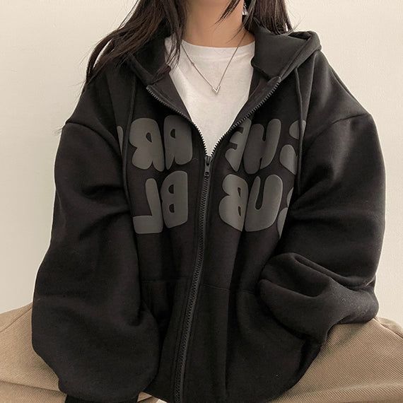 Nibo Boxy Napping Embossing Lettering Hoodie