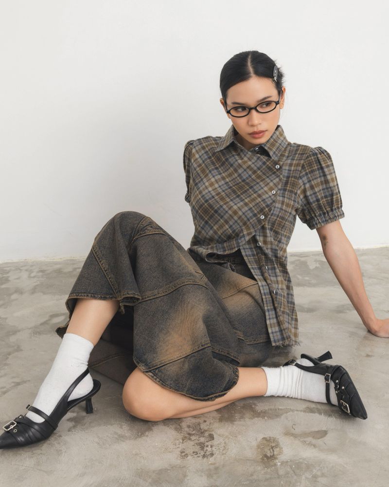 Checkered Poppy Sleeve Shirt