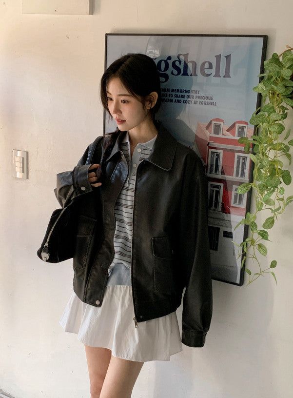 #Big Pocket Collar Loose Leather Jacket
