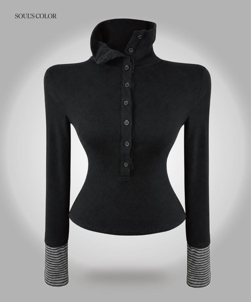 Stripe High Neck Button Top (2color)