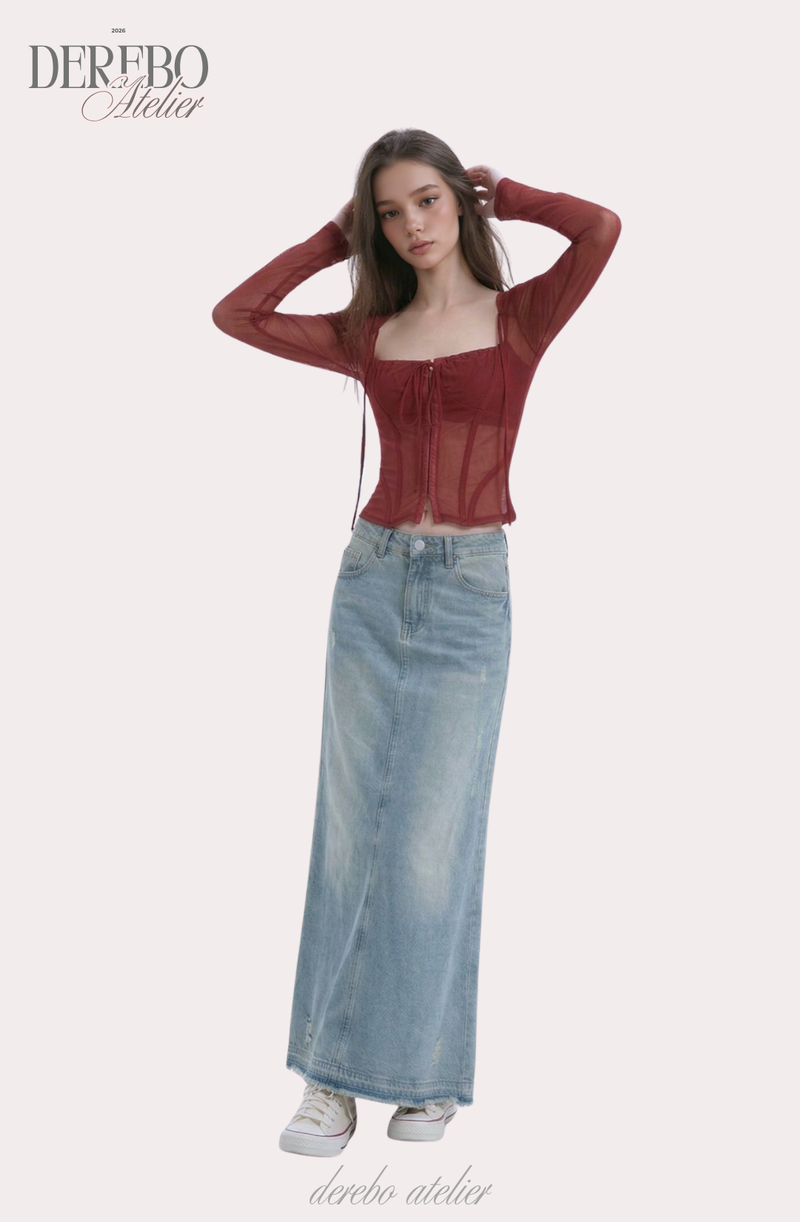 red square chiffon long-sleeve blouse