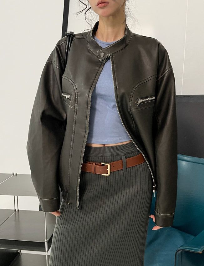 Gross cut washed leather jacket