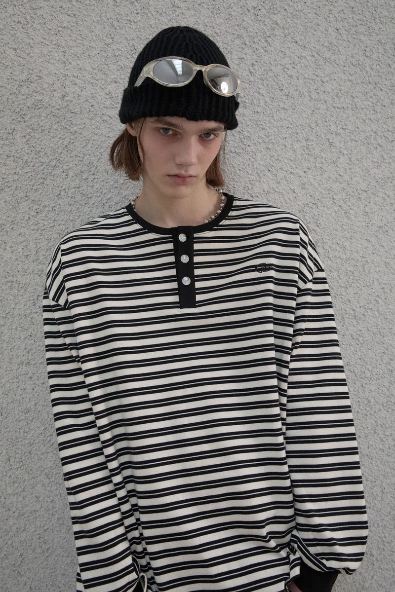 Stripe Henry neck T-shirt - Black