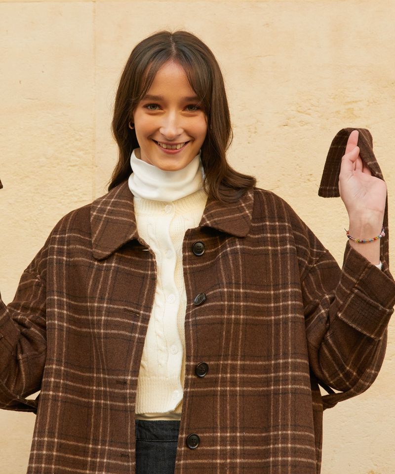 RCH cashwool blended robe coat check brown