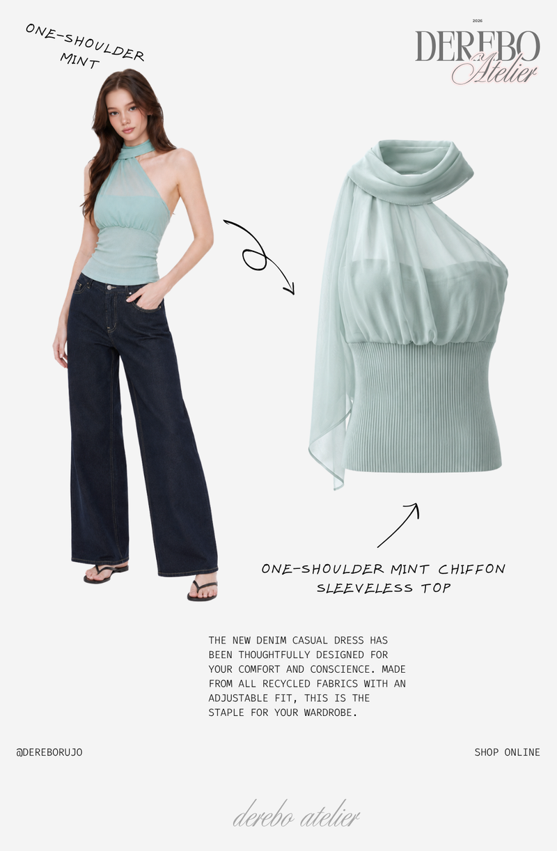 one-shoulder mint chiffon sleeveless top