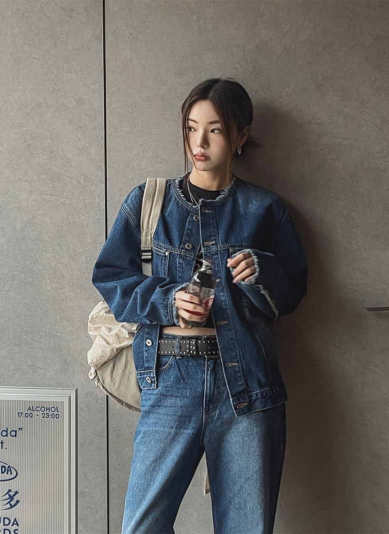 ULAN（ユレン）の「えり無しダメージデニムトラッカージャケット（Jackets/Outerwear）」