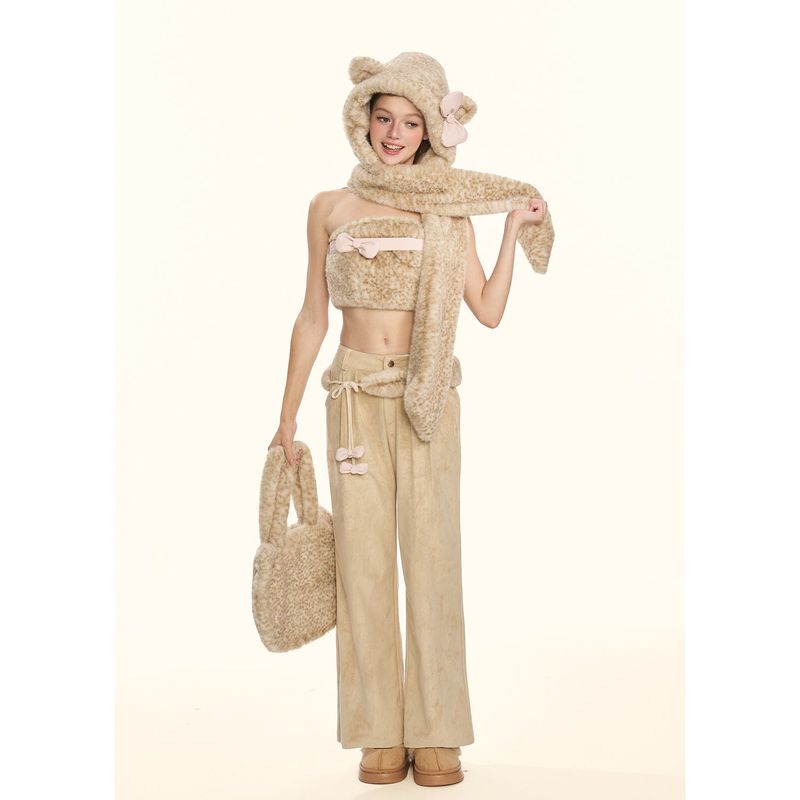 [GirlyFancyClub] Leopard Bowknot Series* Versatile Straight Leg Casual Double-sided Suede Pants