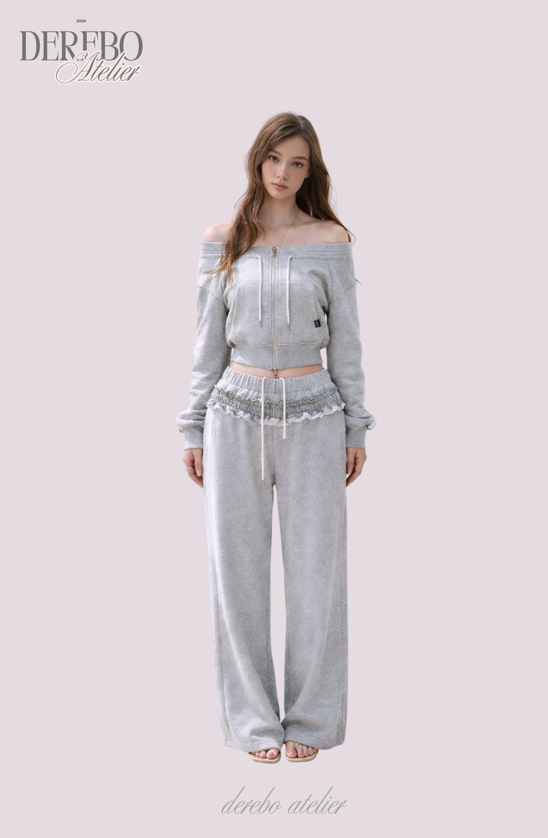 Grey off-shoulder zip-up frill training setup (SET)