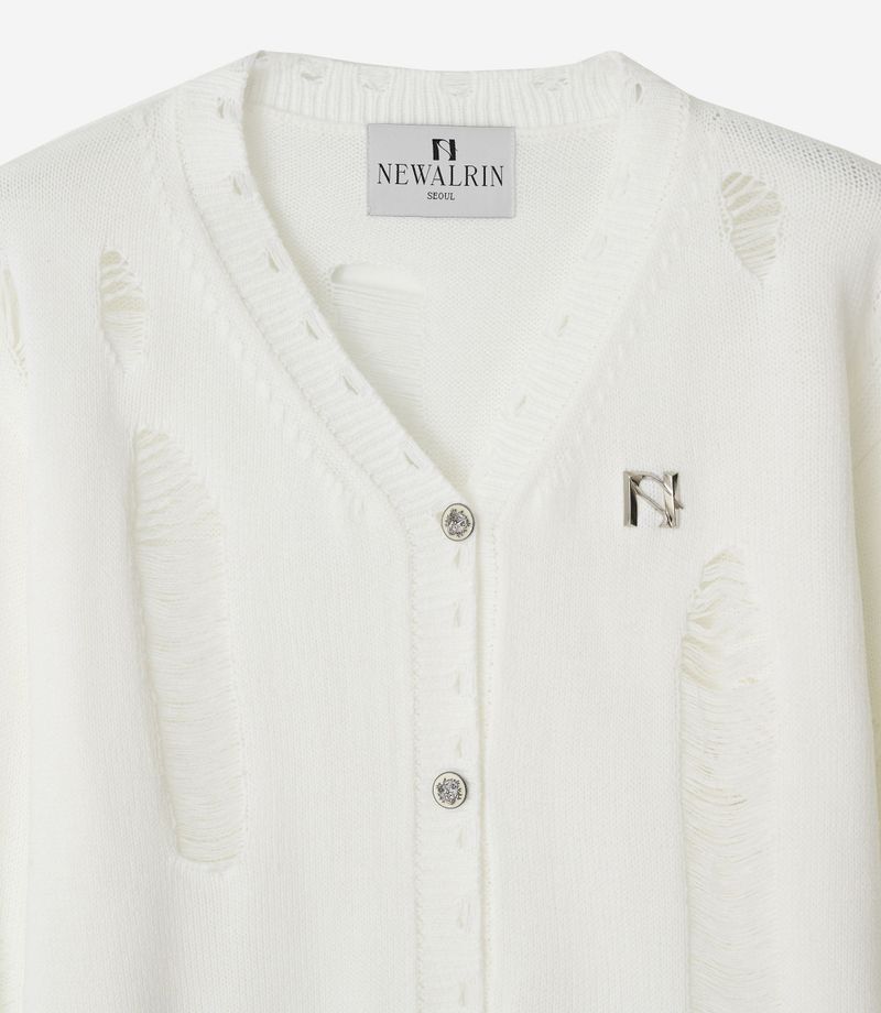 Bloom emblem demage Knit Cardigan