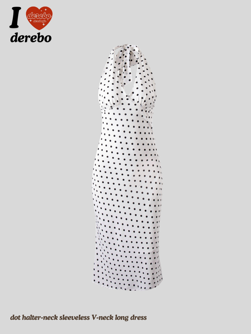 dot halter-neck sleeveless V-neck long dress