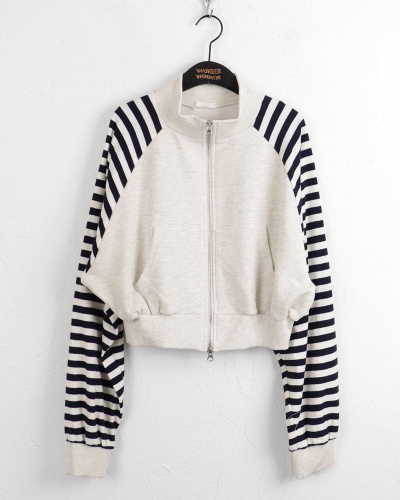 Choit Stripe Coloring Half Neck Two-Way Cropped Zip-Up