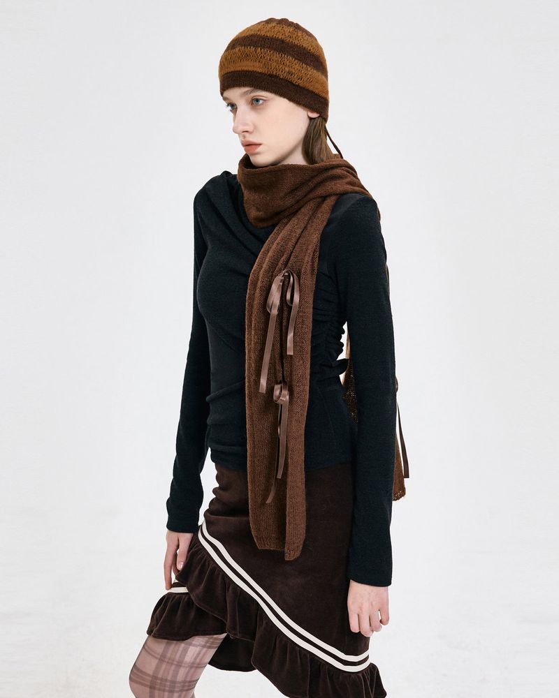  Ribbon Tied Beanie _ BROWN