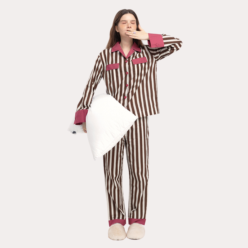 muabomb_home（ムアボム）の「ストロベリー ミルク ローズ & ココア ストライプ パジャマ セット - 100% Cotton Sleepwear （トップス）」