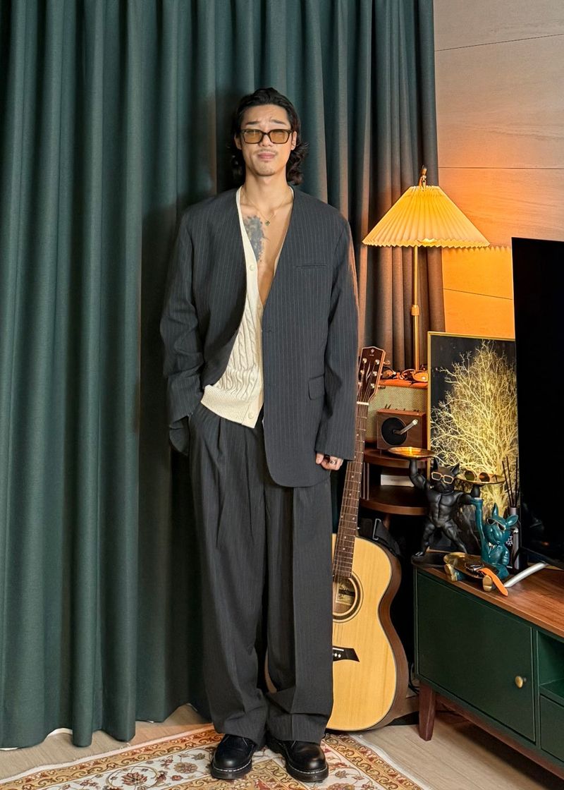 No-Collar Striped V-Zip Slacks 2COLOR