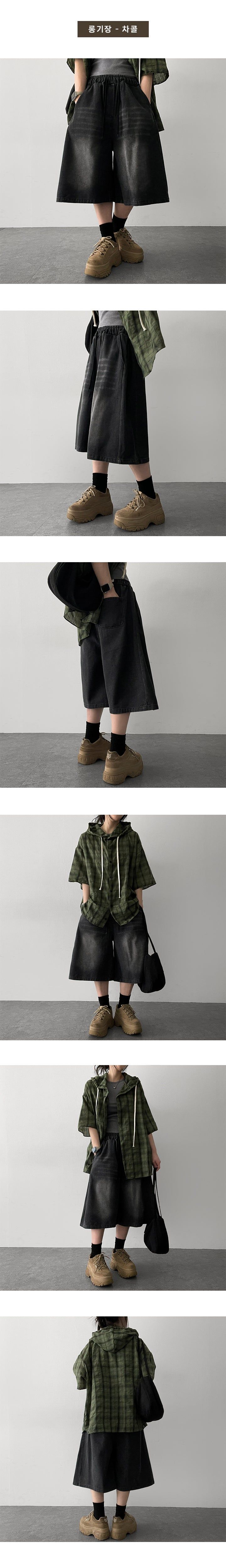 [Basic & long] Ichi banding side pintuck pleated denim Bermuda shorts