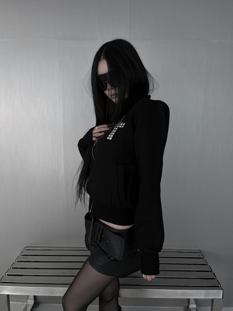 cross stud diagonal warmer zip-up (fleece-lined / 2color)