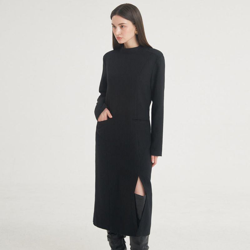 Herringbone Slit Long Dress (Black)