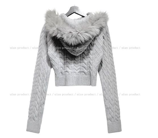 Rinco Cable Knit Fur Hood Zip-Up