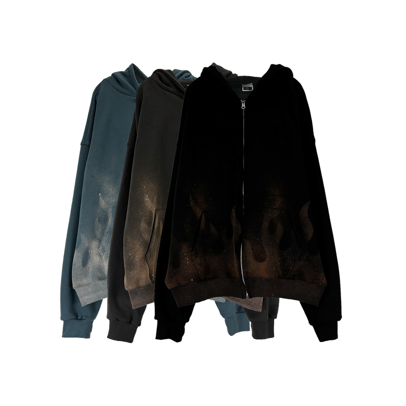 flame washed hooded zip-up