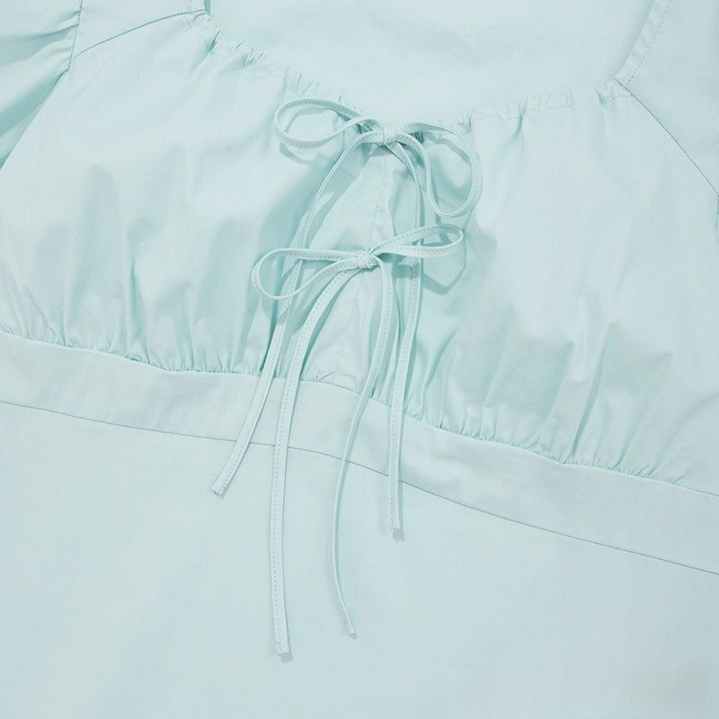 RIBBON SHIRRING SHORT SLEEVE BLOUSE [ICE]