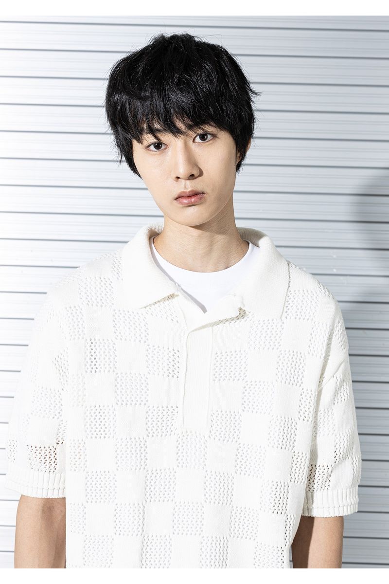 MASSNOUN（マスノウン）の「CHECKERBOARD MESHED KNIT HALF SHIRTS（Tops）」