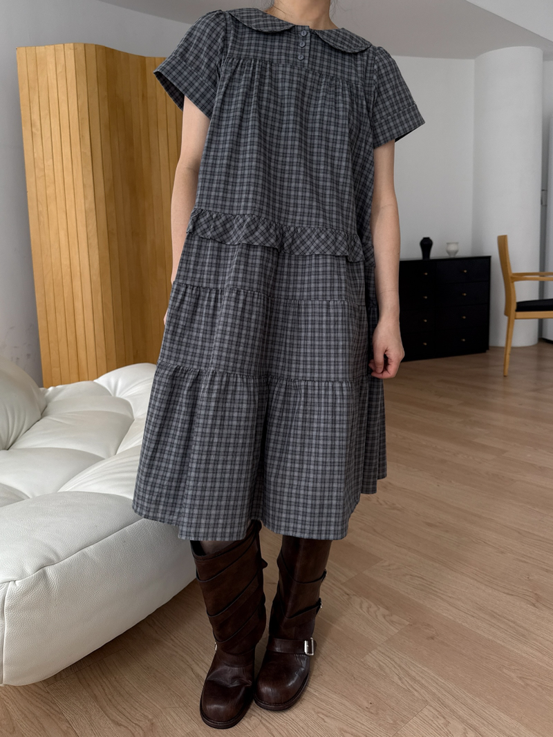 round collar check midi dress 