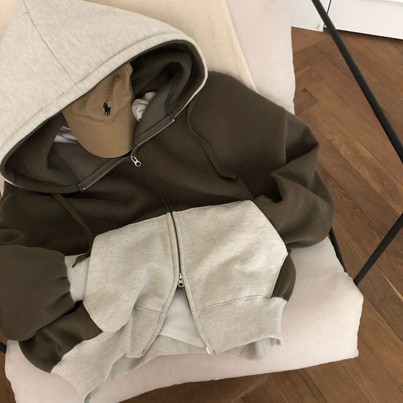 [BELLIDE MADE] two-tone coloring wool boxy hooded zip-up