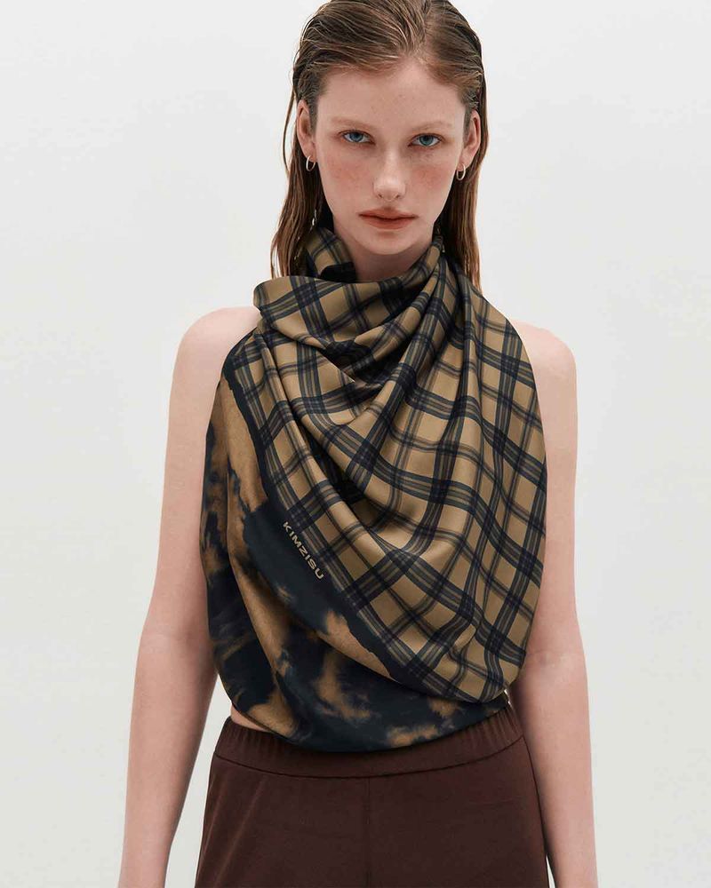 Half&Half Plaid Square Scarf 95 _ BEIGE
