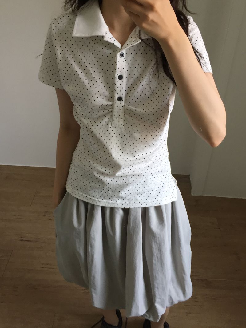 Shirring Dot Collar T-Shirt (3color)