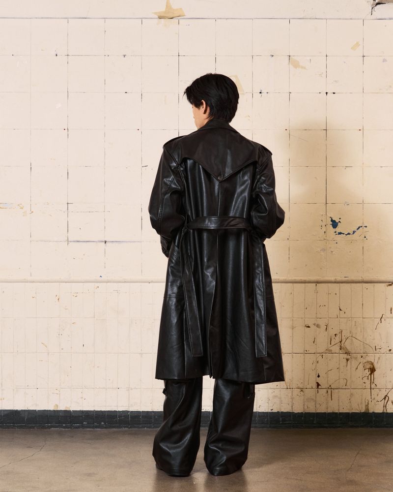 Curved Leather Trench coat (Black)
