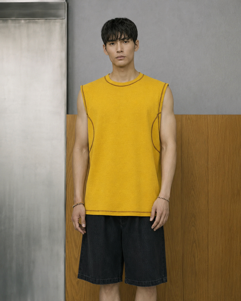 FADE MEET（フェードミート）の「Contrast-Stitch Wide-Shoulder Tank（Tops）」