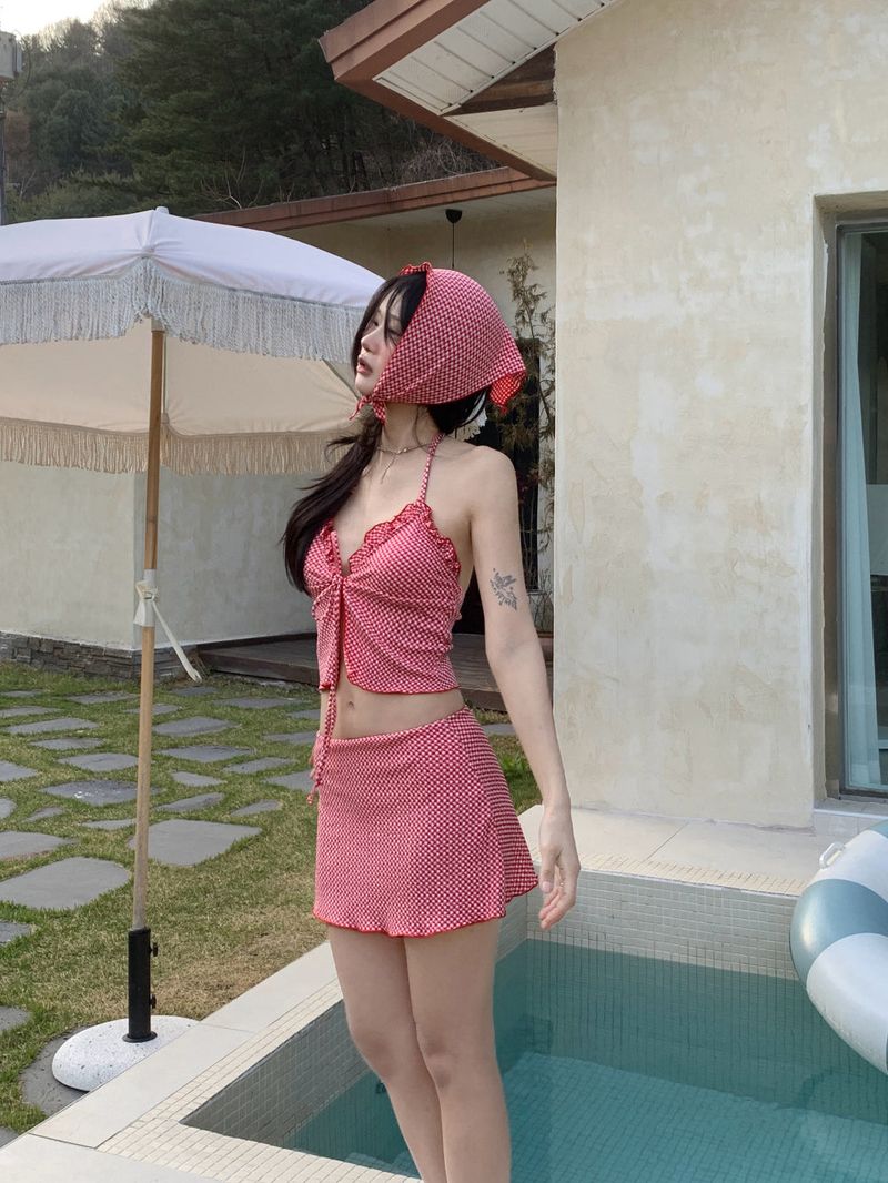 Picnic Girl Gingham Headscarf 3pcs Bikini SET