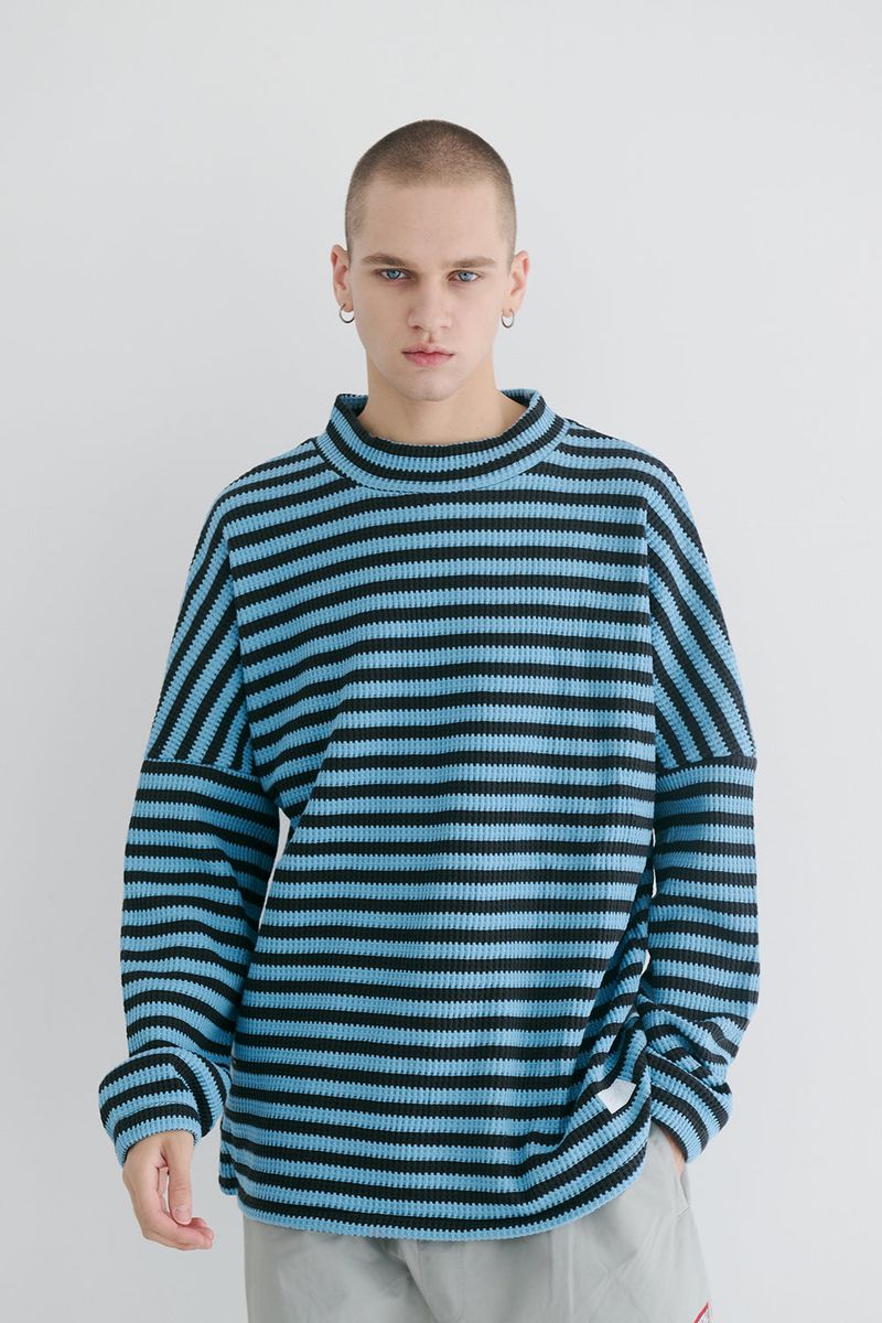 BSR2223FWPO027 STRIPE HIGH NECK PULLOVER BLUE