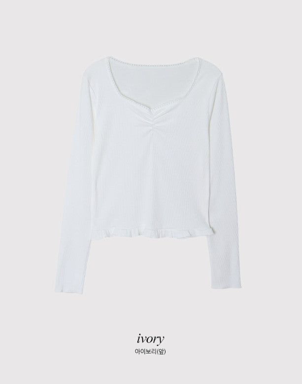 Lua Shirring Lace Frill Rib T-Shirt (4color)