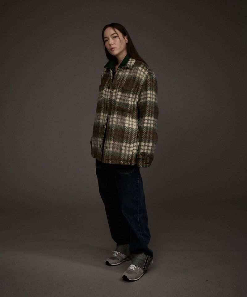 W COZY HAIRY CHECK JACKET KHAKI