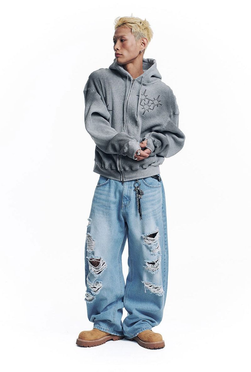 Distressed Curved Denim Pants - Light Blue