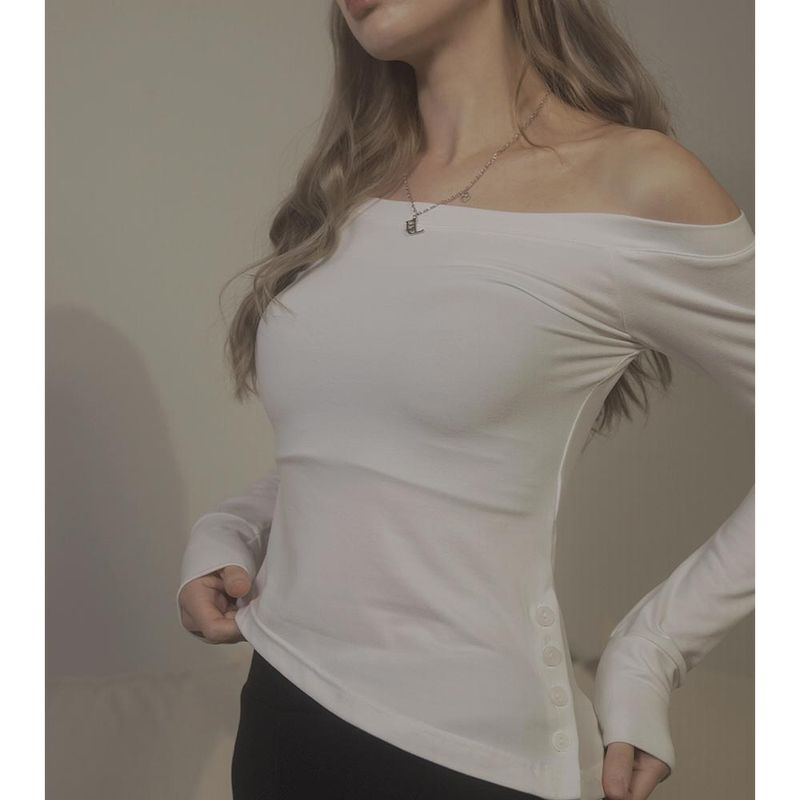 ONE SHOULDER BUTTON TEE-WHITE