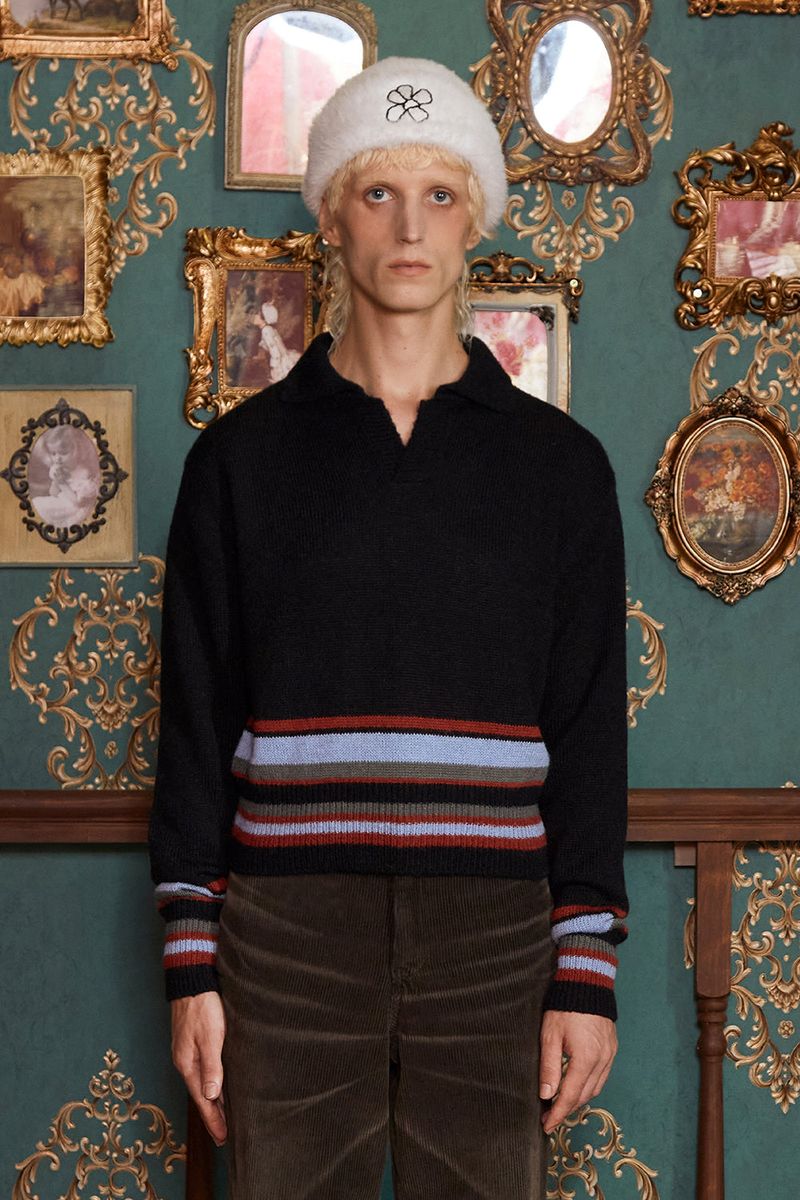 UNALLOYED（アナロイド）の「ALPACA STRIPE KNIT POLO SHIRT / BLACK（Tops）」