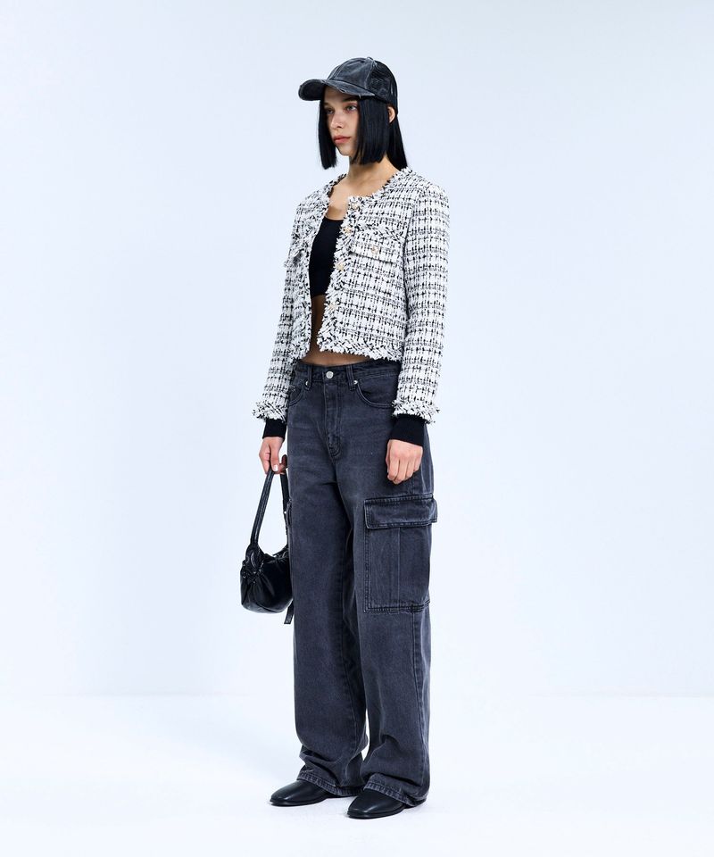 85-VIVAJ048 Multi-Color Crop Tweed Jacket Black