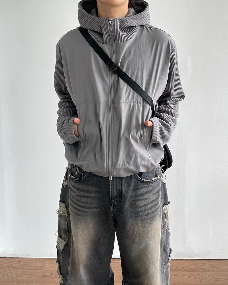 Contrast Highneck Hood Zip-up