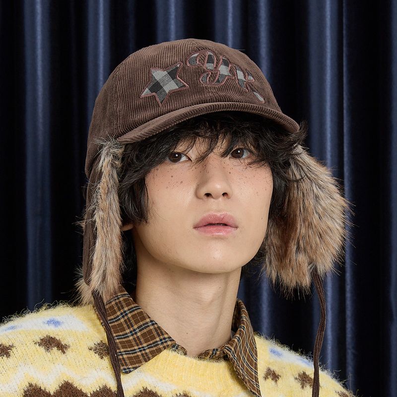 Corduroy Check Applique Trooper Cap